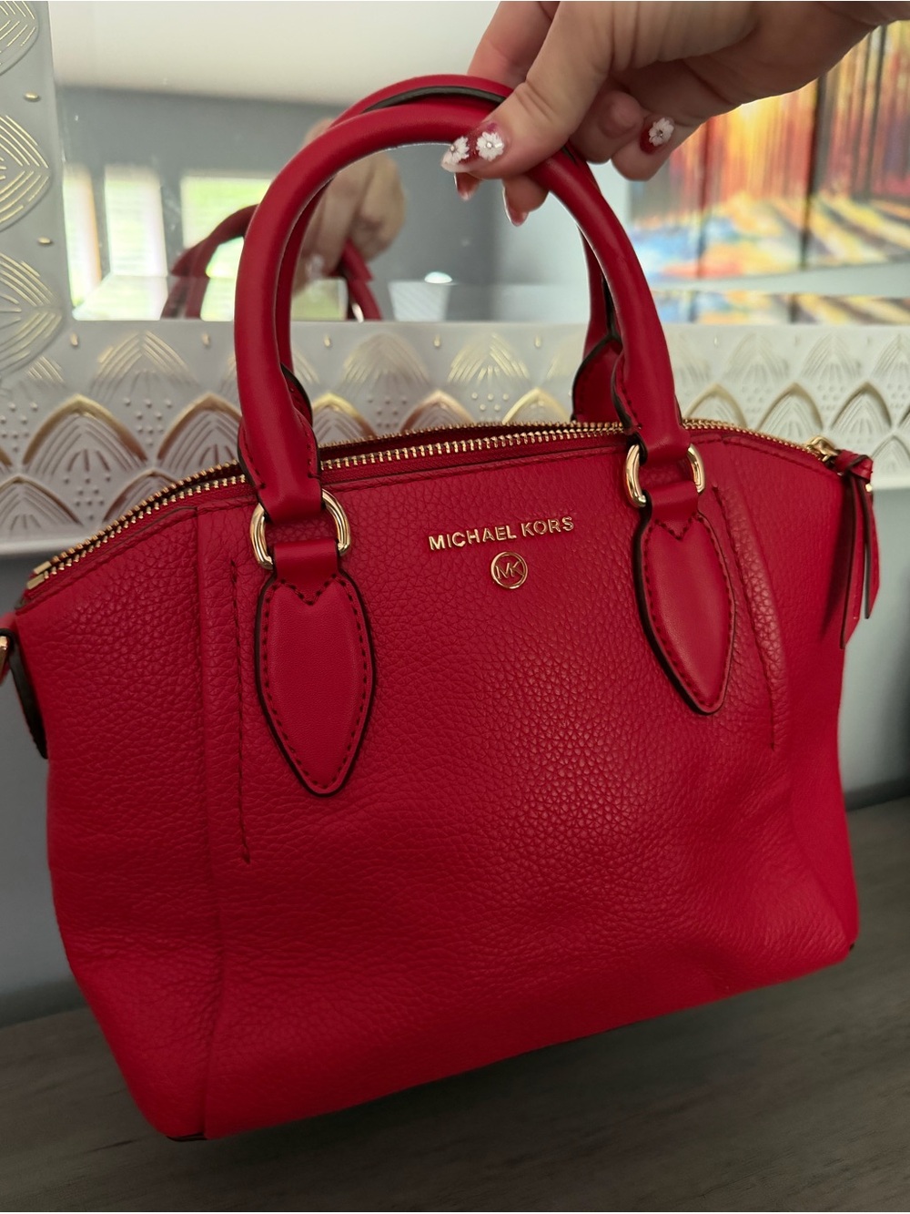 Michael Kors Red Pebbled Leather Dome Satchel with Gold Hardware with tags
